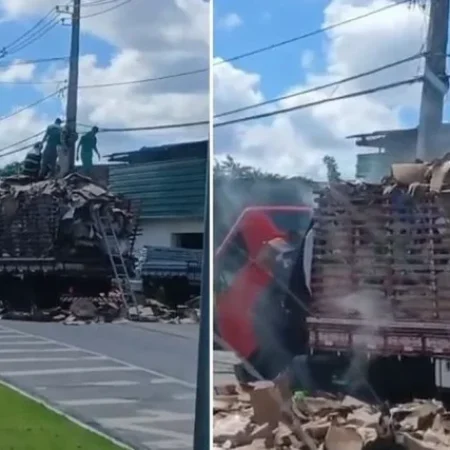 CARGA DE PAPELÃO PEGA FOGO EM CAMINHÃO E TRAVA O TRÂNSITO