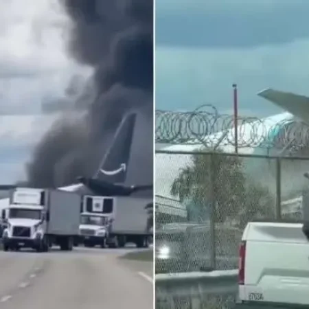 AVIÃO CARGUEIRO DA AMAZON SAI DA PISTA E ATRAVESSA ESTRADA PERTO DE AEROPORTO