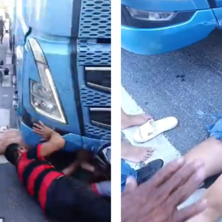 MULHER FICA PRESA EMBAIXO DE CARRETA APÓS ACIDENTE COM MOTOCICLETA