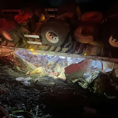 CARRETA CARREGADA COM CARNE BOVINA CAPOTA E MOTORISTA FICA FERIDO