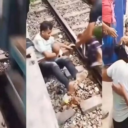 PAI SE DEITA NOS TRILHOS DURANTE PASSAGEM DE TREM PARA SALVAR VIDA DO FILHO