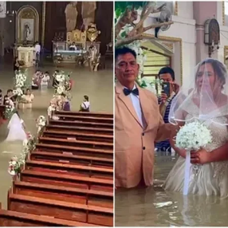NOIVOS SE CASAM COM ÁGUA TURVA NA CINTURA EM IGREJA INUNDADA APÓS ENCHENTES